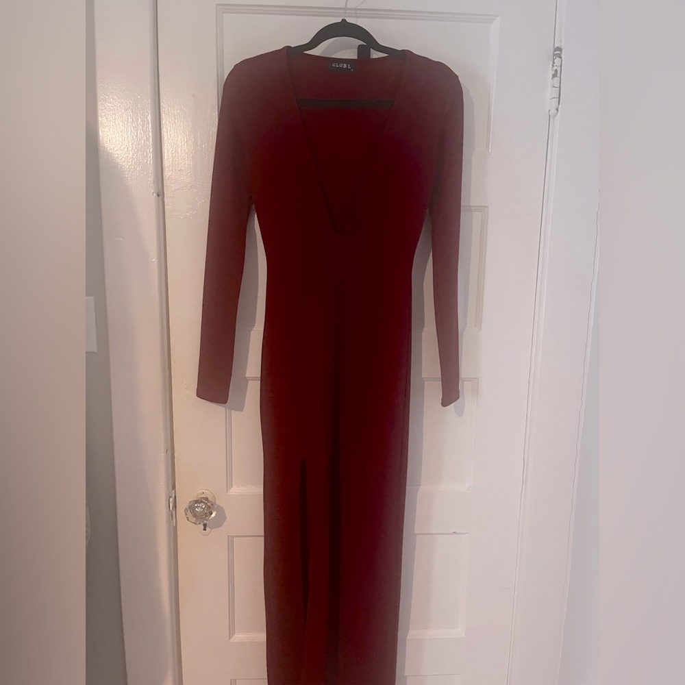 NEVER WORN. Club L Red long sleeve maxi dress w/ plunging neckline & side slit.